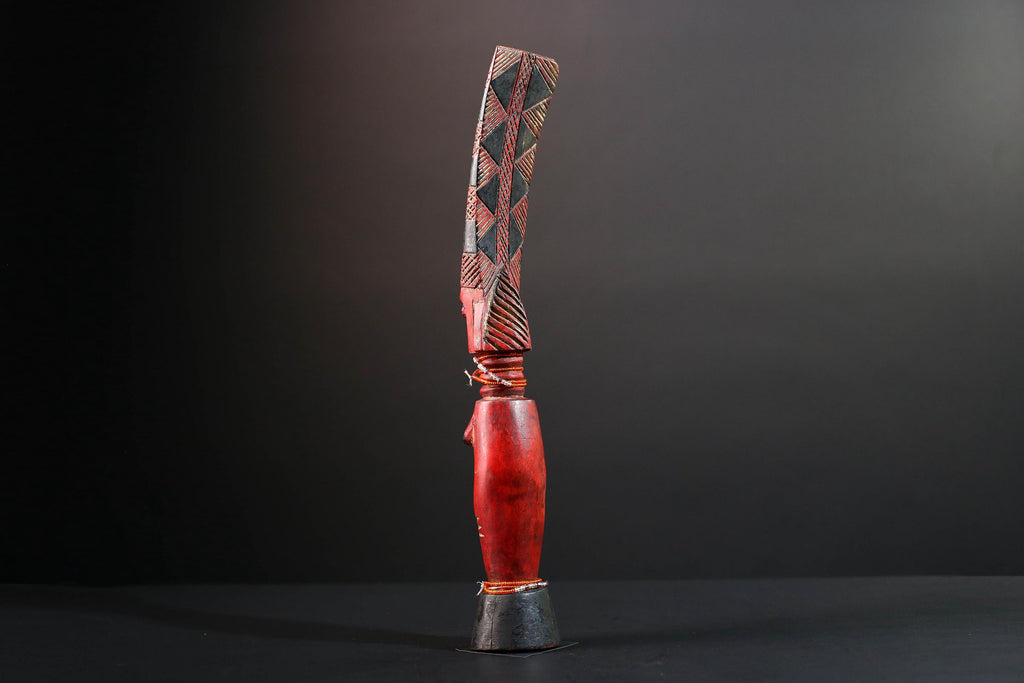 African red fertility sculpture baule tribal wood female figure with beads scarification rustic carving gift for her home decor statue-G5523