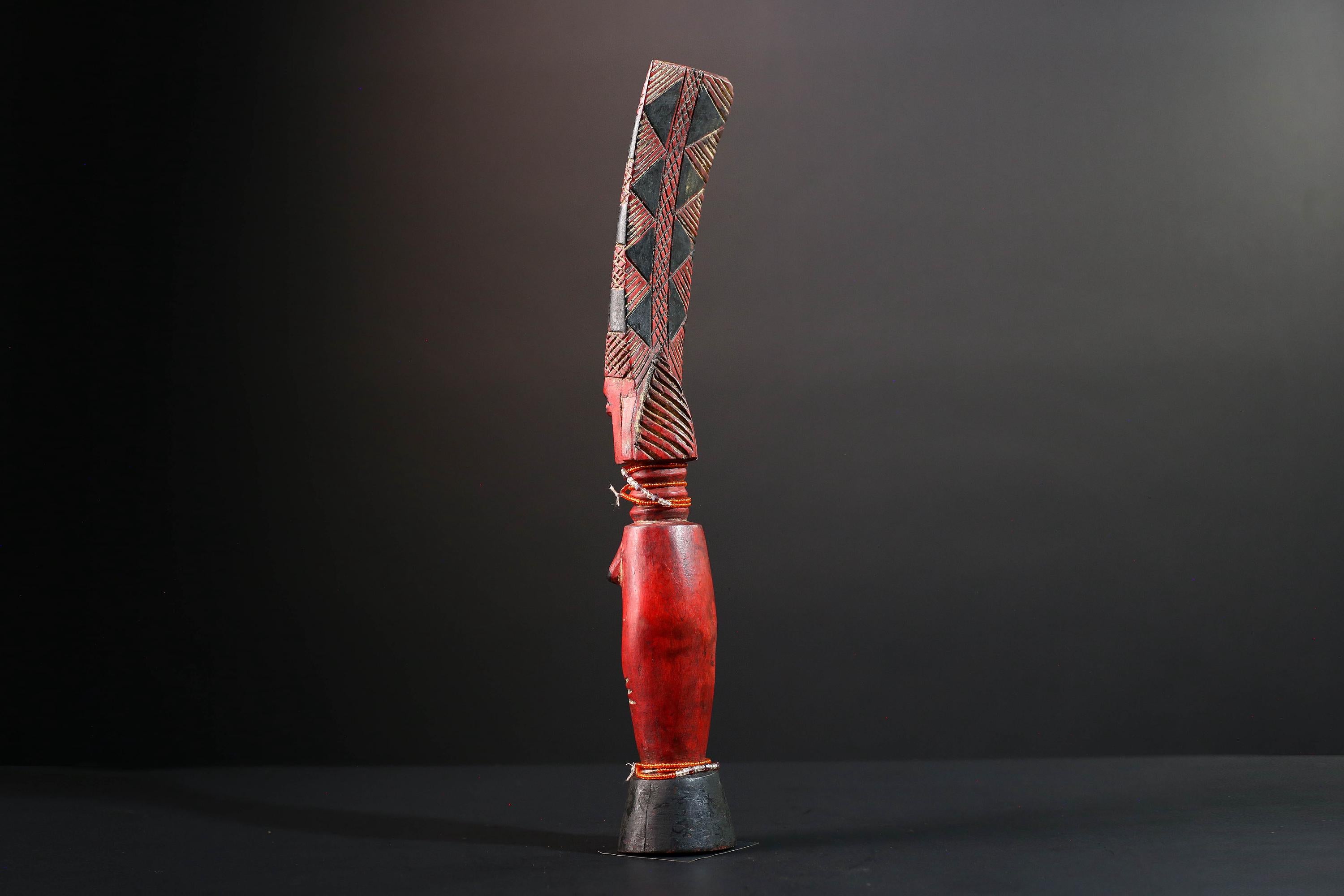 African red fertility sculpture baule tribal wood female figure with beads scarification rustic carving gift for her home decor statue-G5523