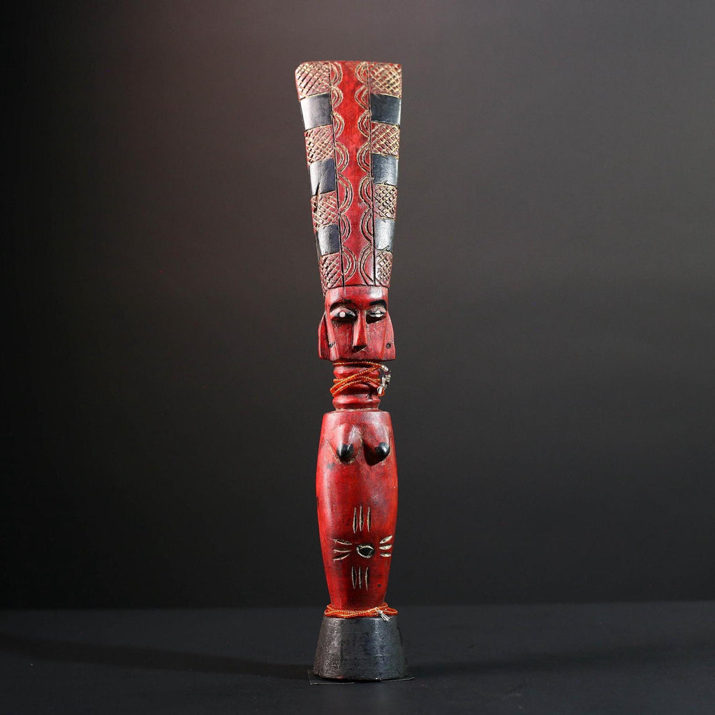 African red fertility sculpture baule tribal wood female figure with beads scarification rustic carving gift for her home decor statue-G5523
