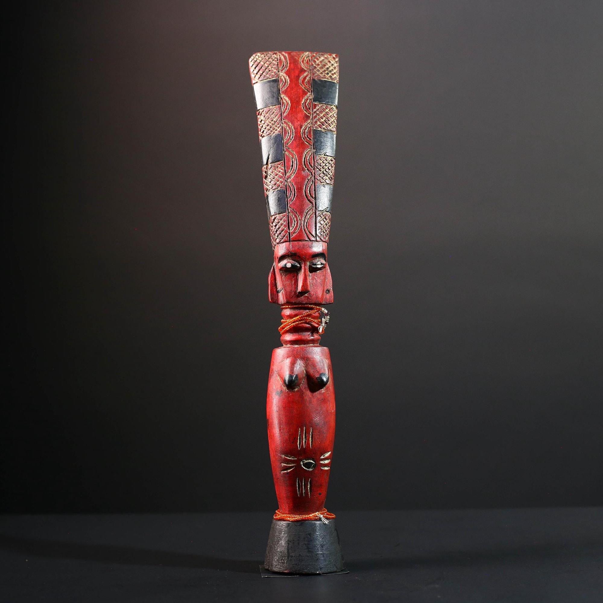 African red fertility sculpture baule tribal wood female figure with beads scarification rustic carving gift for her home decor statue-G5523