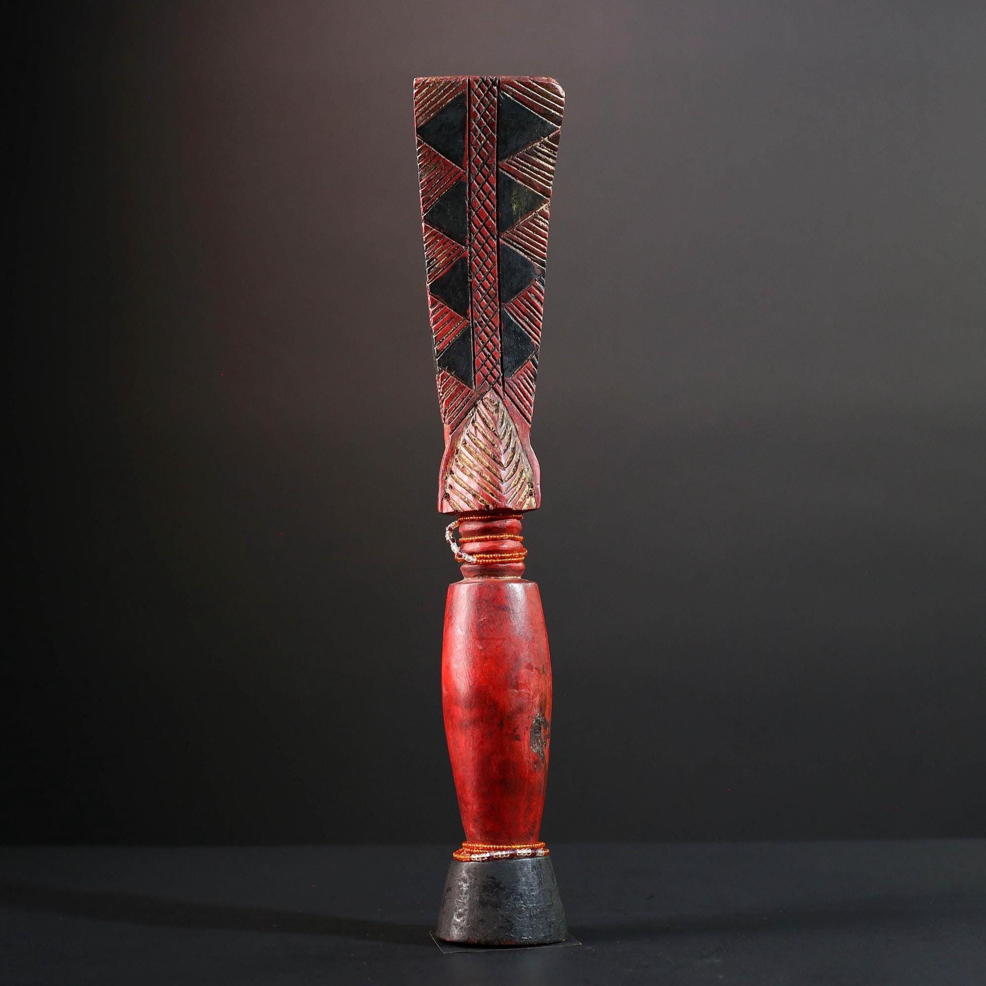 African red fertility sculpture baule tribal wood female figure with beads scarification rustic carving gift for her home decor statue-G5523