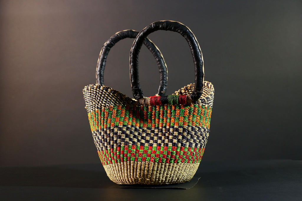 African Bolga Market Basket Straw Tote Handmade Storage Bag Ghana Tribal Weaving Home Decor Leather Handle Organizer Art G5606