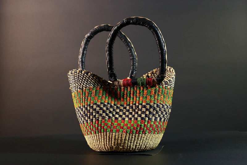 African Bolga Market Basket Straw Tote Handmade Storage Bag Ghana Tribal Weaving Home Decor Leather Handle Organizer Art G5606