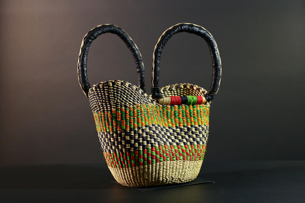 African Bolga Market Basket Straw Tote Handmade Storage Bag Ghana Tribal Weaving Home Decor Leather Handle Organizer Art G5606
