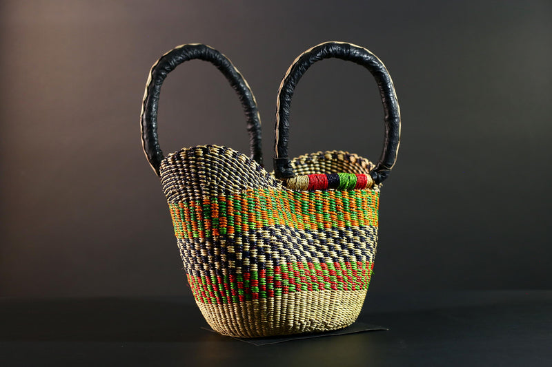 African Bolga Market Basket Straw Tote Handmade Storage Bag Ghana Tribal Weaving Home Decor Leather Handle Organizer Art G5606