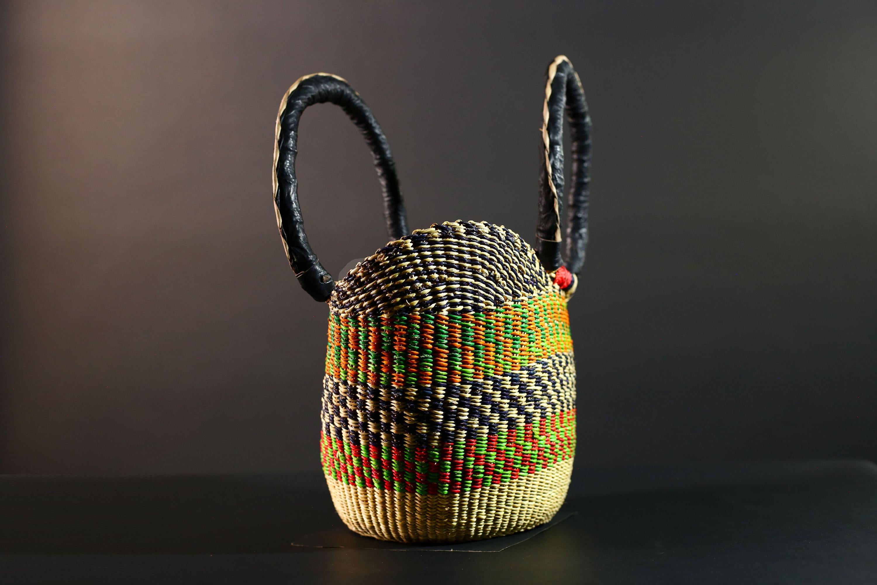 African Bolga Market Basket Straw Tote Handmade Storage Bag Ghana Tribal Weaving Home Decor Leather Handle Organizer Art G5606