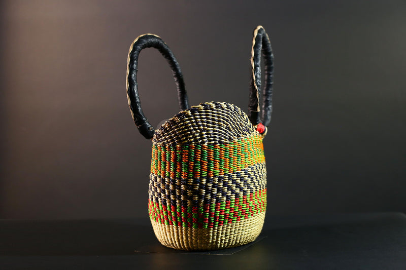 African Bolga Market Basket Straw Tote Handmade Storage Bag Ghana Tribal Weaving Home Decor Leather Handle Organizer Art G5606