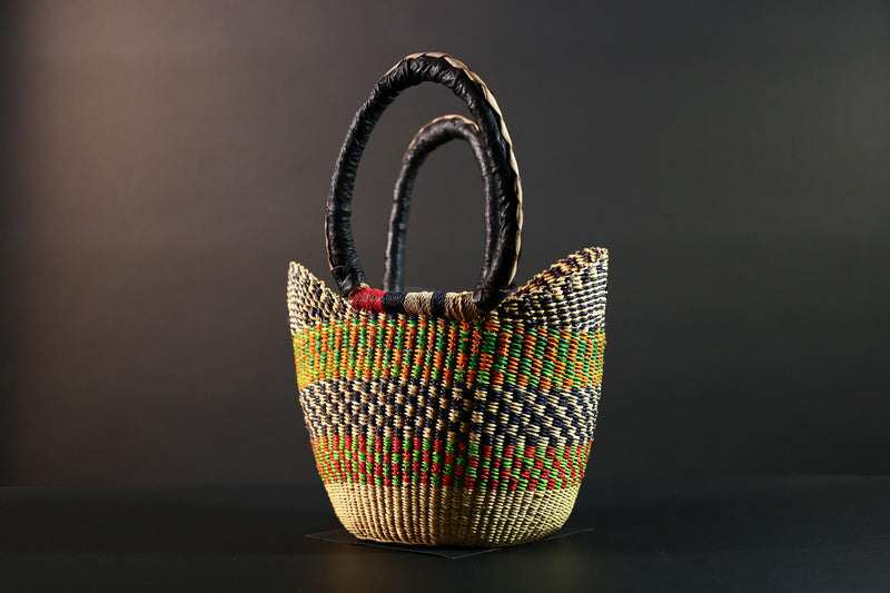 African Bolga Market Basket Straw Tote Handmade Storage Bag Ghana Tribal Weaving Home Decor Leather Handle Organizer Art G5606