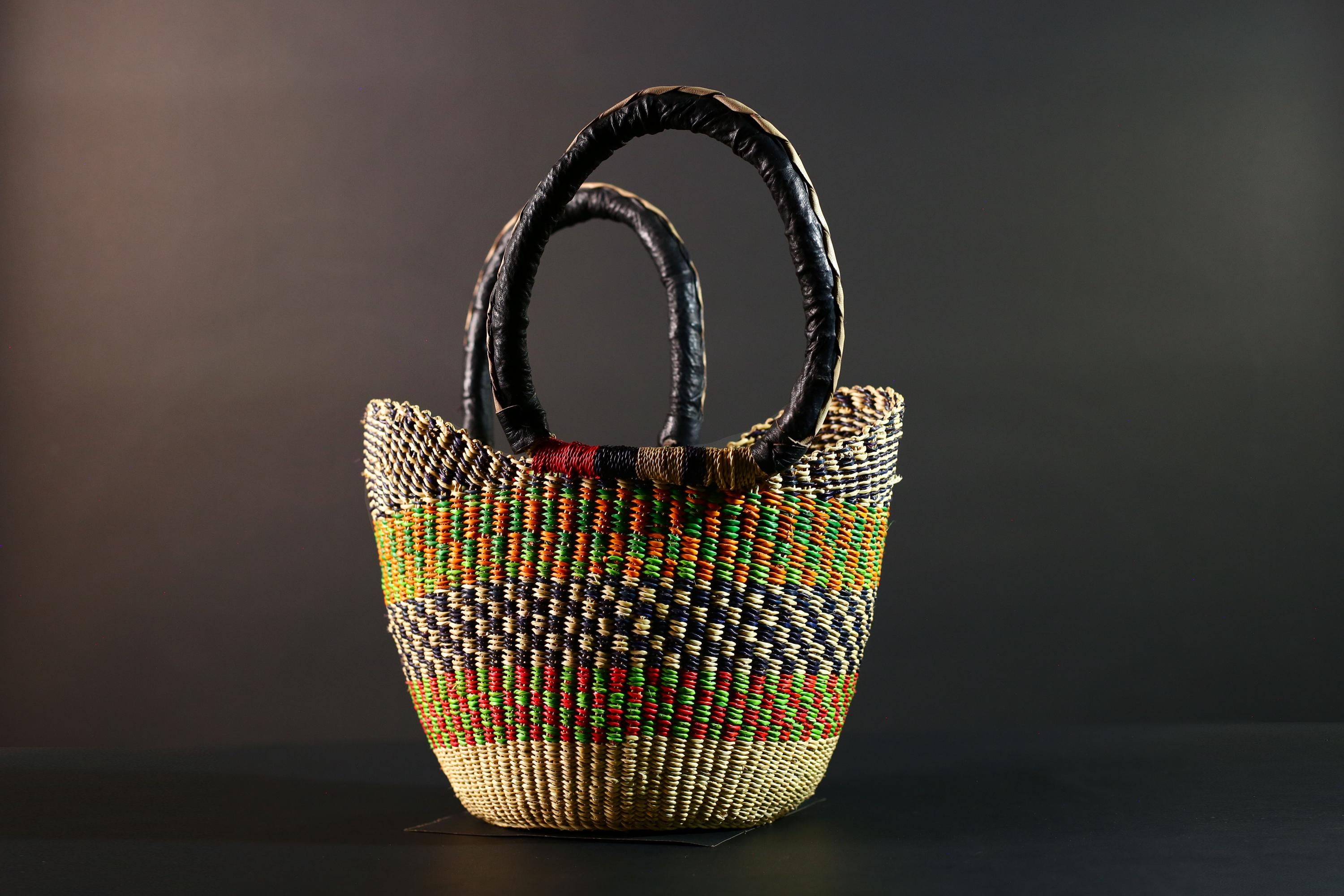 African Bolga Market Basket Straw Tote Handmade Storage Bag Ghana Tribal Weaving Home Decor Leather Handle Organizer Art G5606