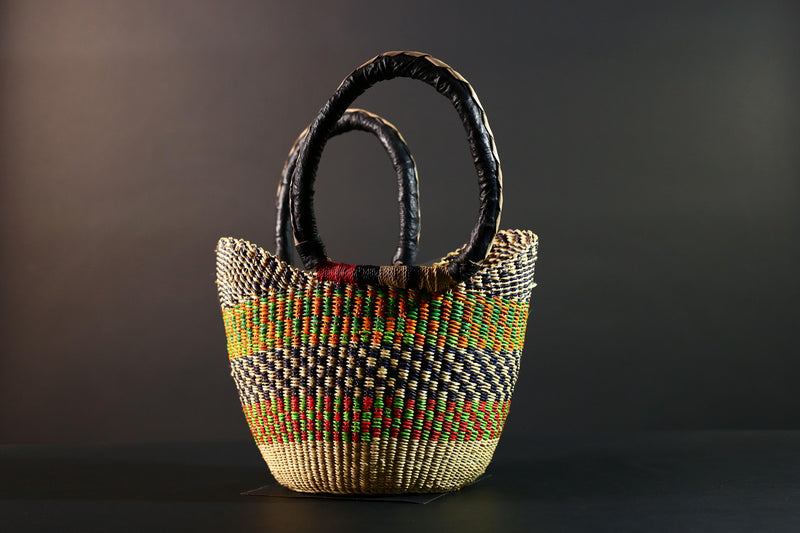 African Bolga Market Basket Straw Tote Handmade Storage Bag Ghana Tribal Weaving Home Decor Leather Handle Organizer Art G5606
