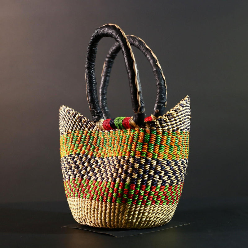 African Bolga Market Basket Straw Tote Handmade Storage Bag Ghana Tribal Weaving Home Decor Leather Handle Organizer Art G5606