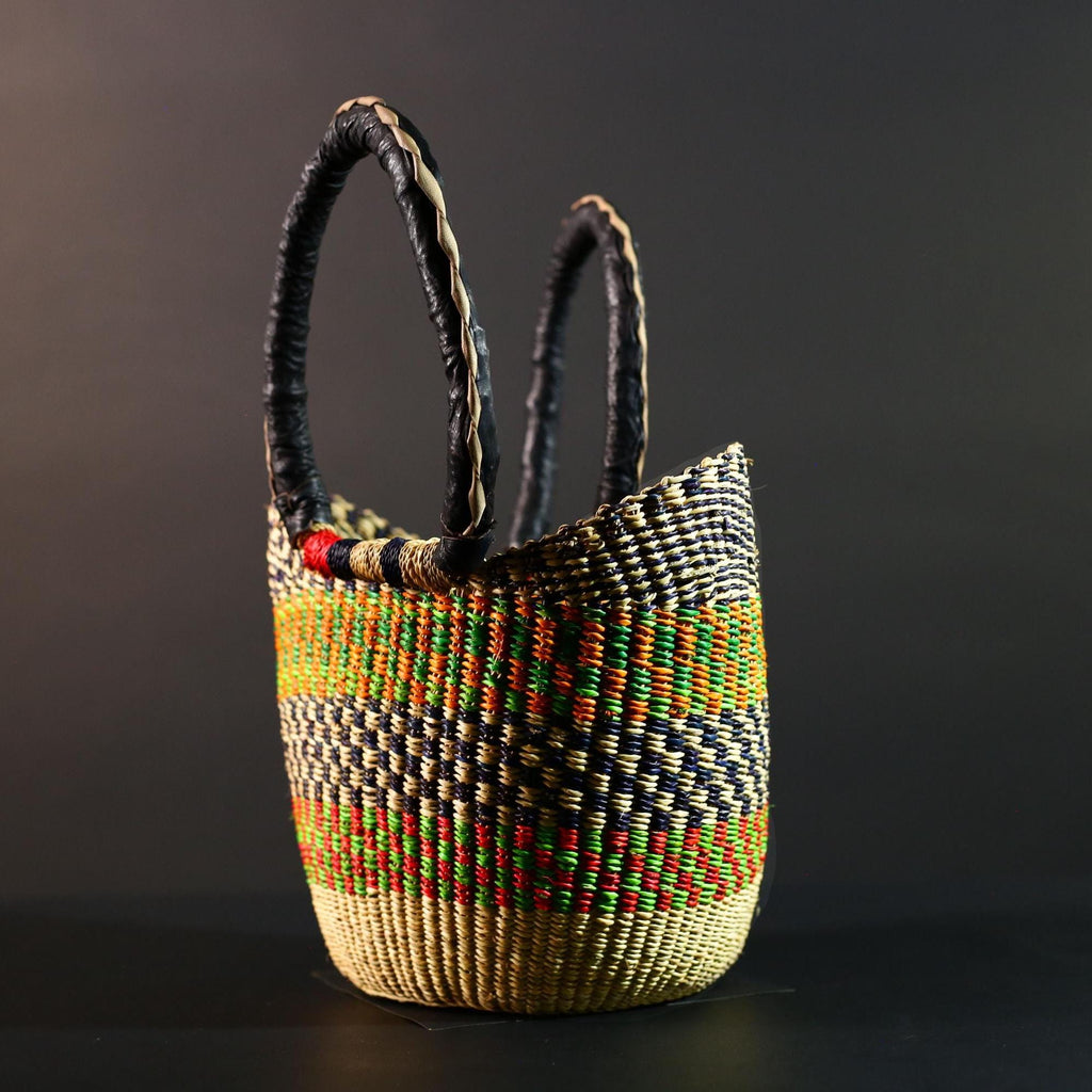 African Bolga Market Basket Straw Tote Handmade Storage Bag Ghana Tribal Weaving Home Decor Leather Handle Organizer Art G5606