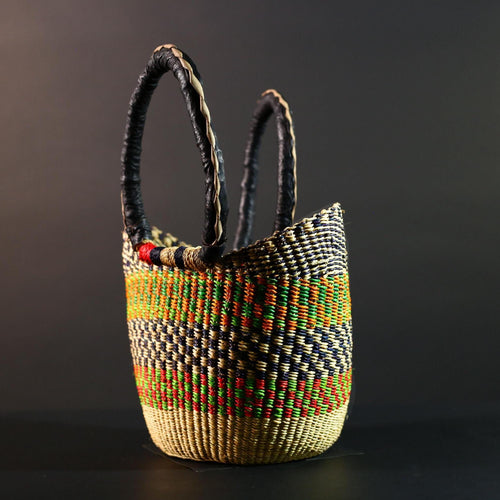 African Bolga Market Basket Straw Tote Handmade Storage Bag Ghana Tribal Weaving Home Decor Leather Handle Organizer Art G5606