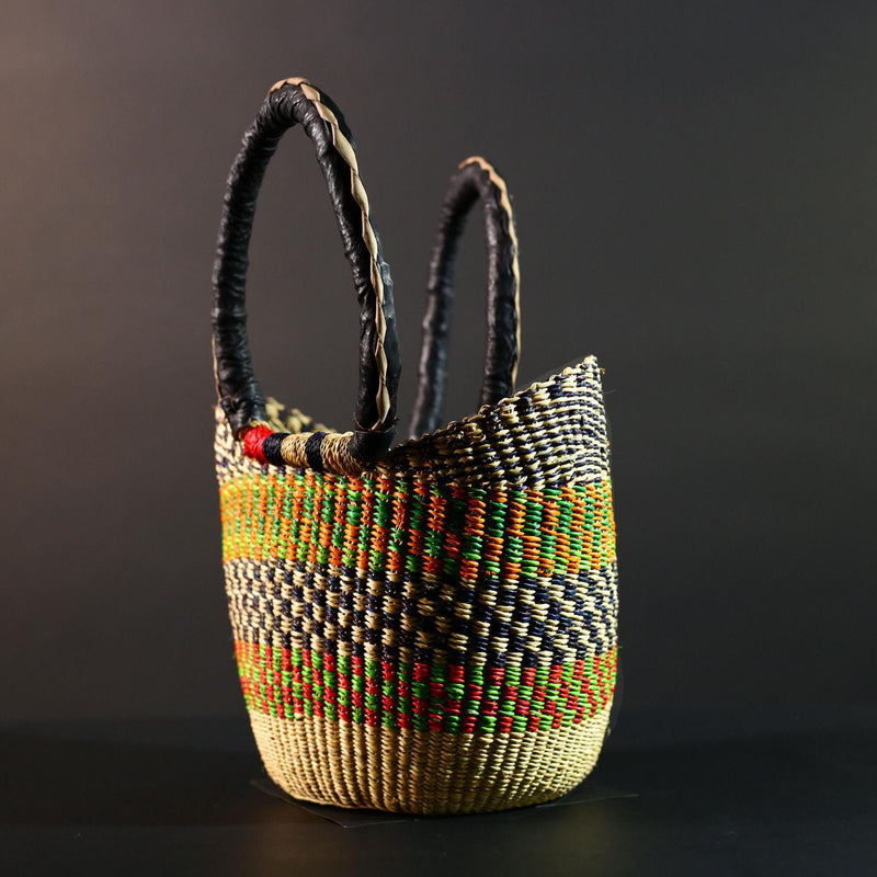 African Bolga Market Basket Straw Tote Handmade Storage Bag Ghana Tribal Weaving Home Decor Leather Handle Organizer Art G5606