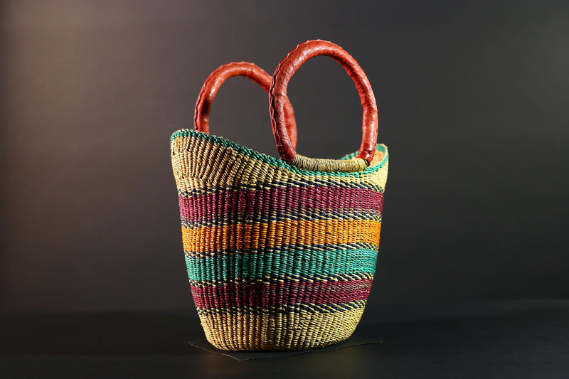 Bolga Basket Ghana Straw Tote African Tribal Market Bag Handmade Woven Decor Leather Handle Storage Organizer Colorful Art G5607