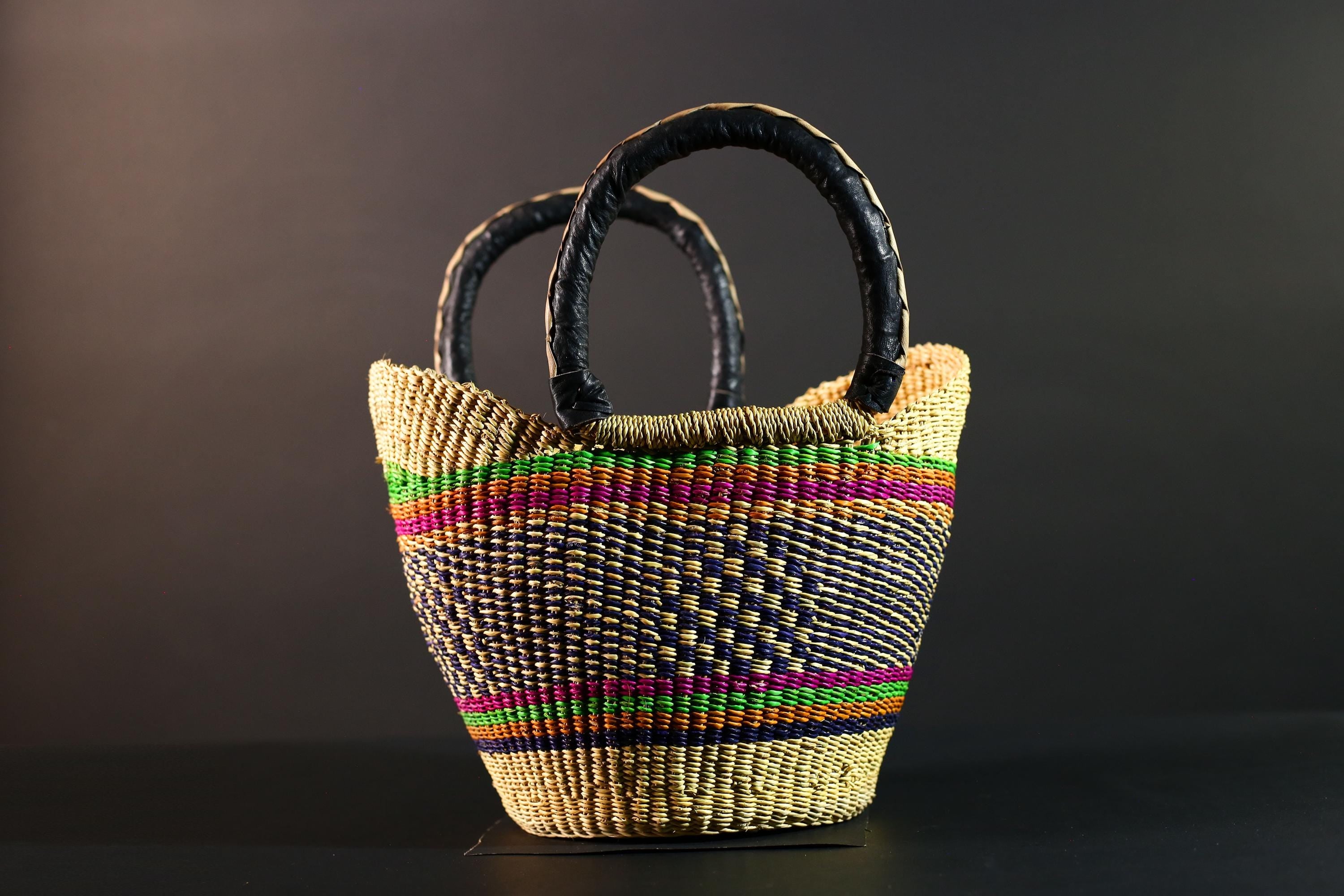 Bolga Basket Ghana Straw Market Bag African Tribal Decor Woven Storage Tote Natural Leather Handle Organizer Colorful Craft Art G5608