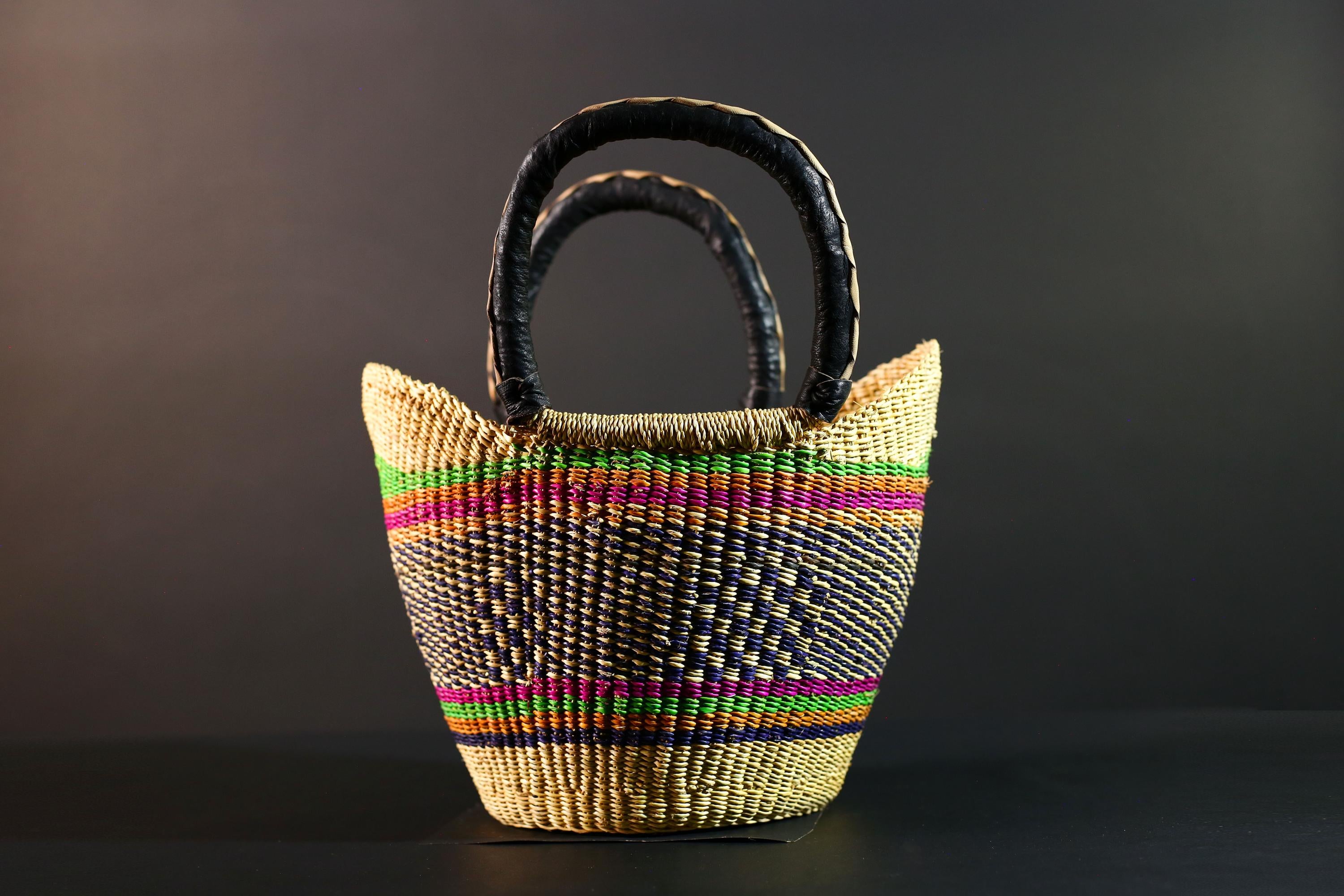 Bolga Basket Ghana Straw Market Bag African Tribal Decor Woven Storage Tote Natural Leather Handle Organizer Colorful Craft Art G5608