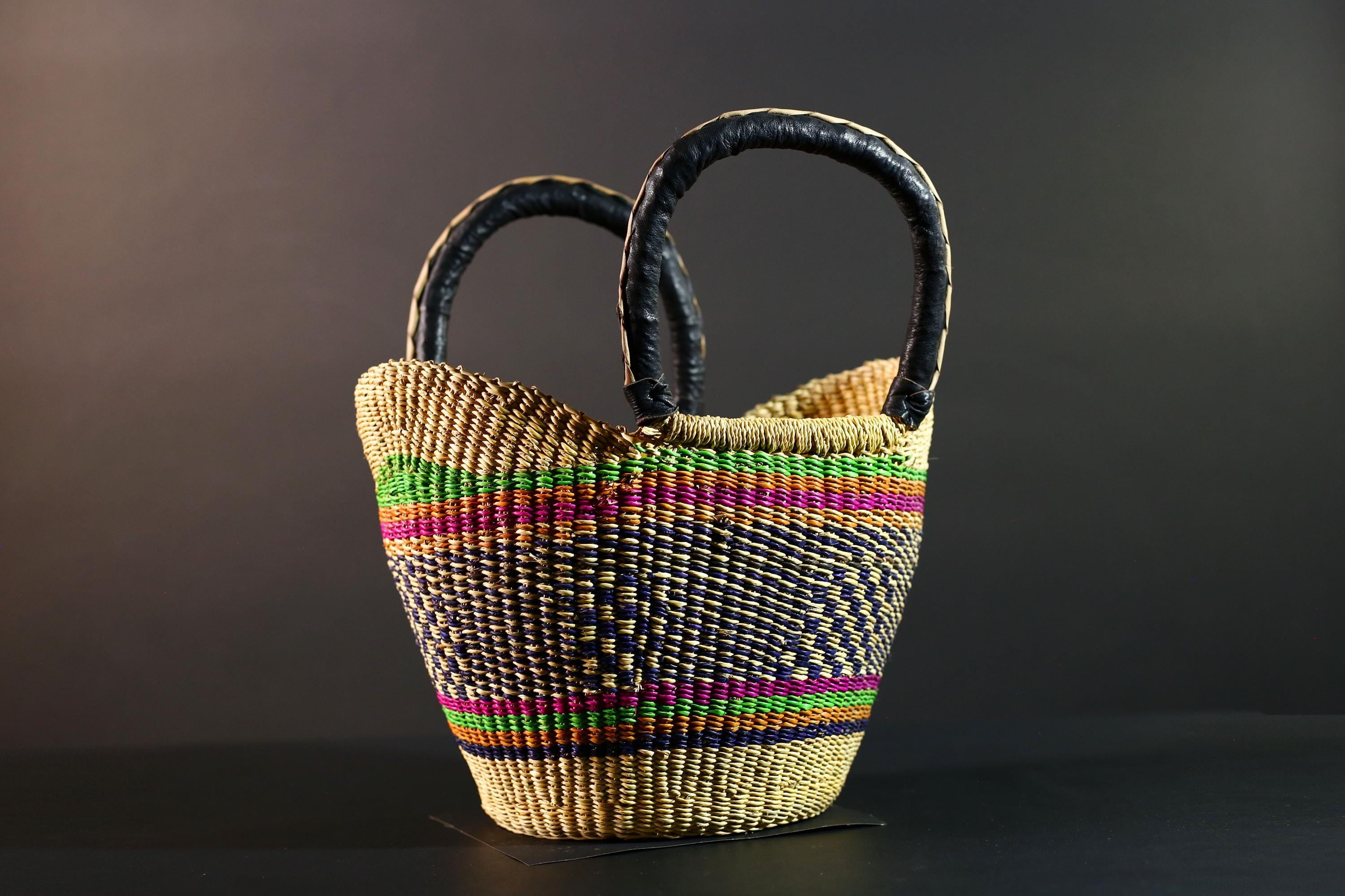 Bolga Basket Ghana Straw Market Bag African Tribal Decor Woven Storage Tote Natural Leather Handle Organizer Colorful Craft Art G5608