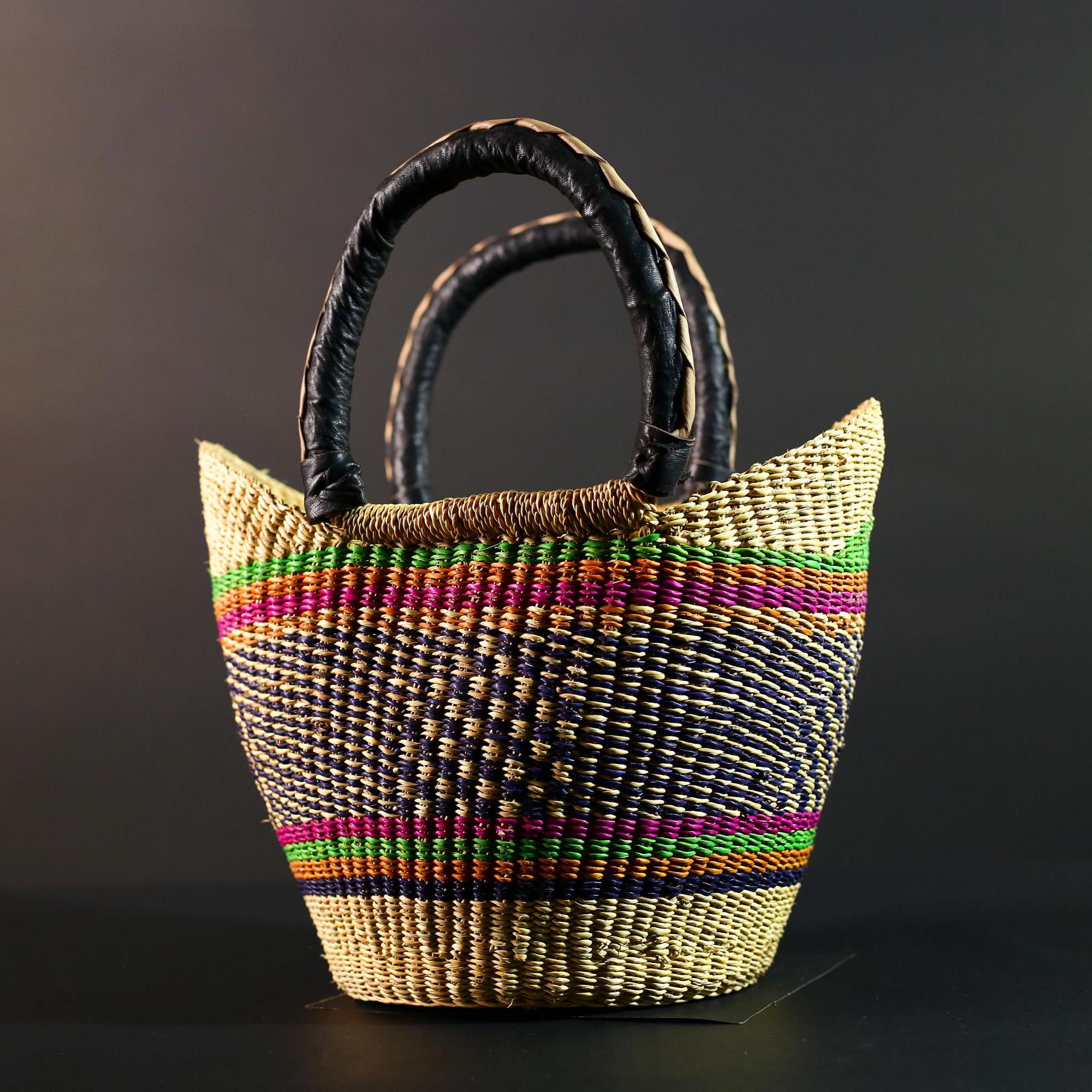 Bolga Basket Ghana Straw Market Bag African Tribal Decor Woven Storage Tote Natural Leather Handle Organizer Colorful Craft Art G5608