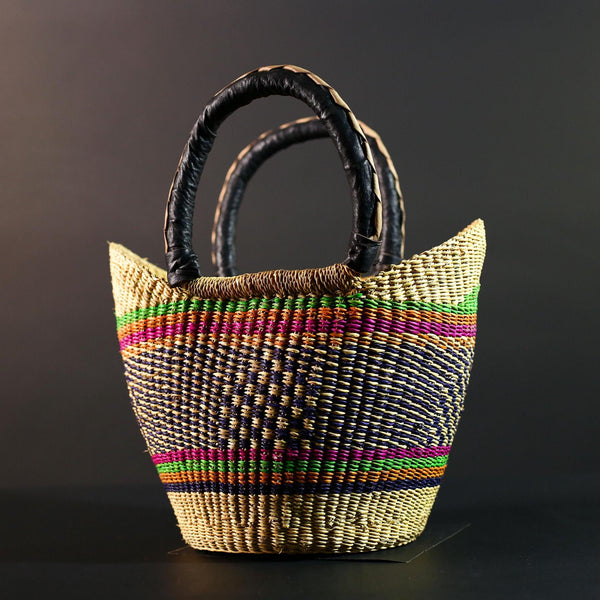Bolga Basket Ghana Straw Market Bag African Tribal Decor Woven Storage Tote Natural Leather Handle Organizer Colorful Craft Art G5608