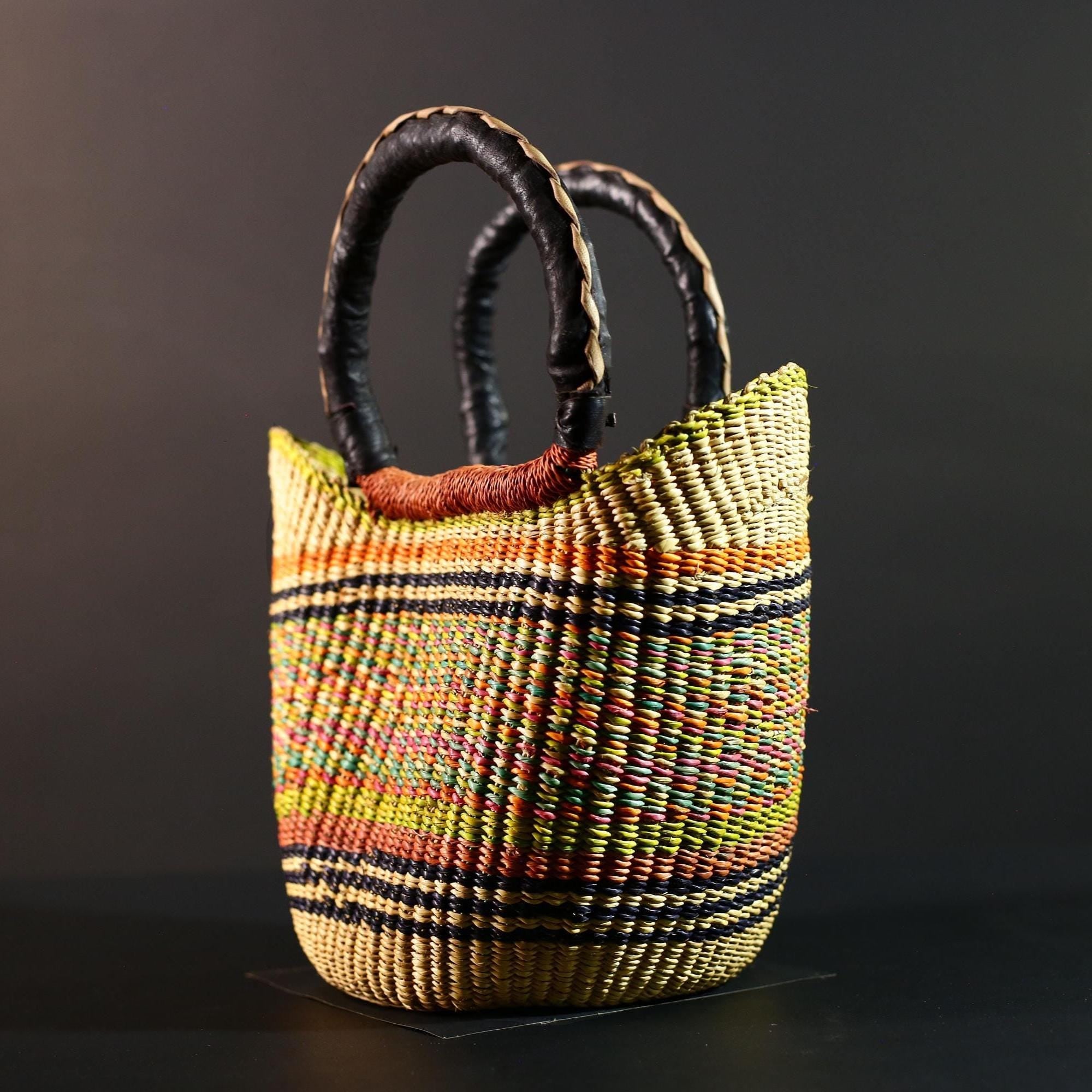 Bolga Basket African Market Tote Handwoven Straw Organizer Tribal Ghana Basket Decor Natural Leather Handle Colorful Storage Art G5609