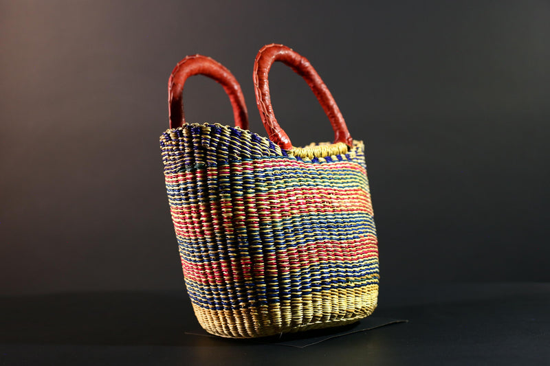 African Bolga Basket Colorful Straw Tote Ghana Tribal Art Market Bag Handwoven Organizer Leather Handle Home Decor Storage Basket G5610