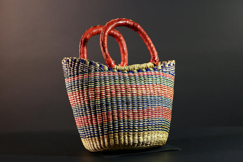 African Bolga Basket Colorful Straw Tote Ghana Tribal Art Market Bag Handwoven Organizer Leather Handle Home Decor Storage Basket G5610