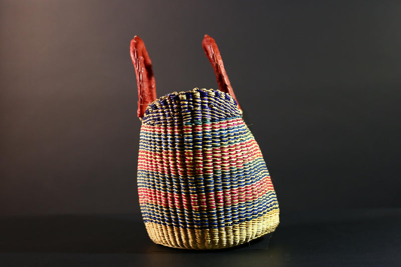 African Bolga Basket Colorful Straw Tote Ghana Tribal Art Market Bag Handwoven Organizer Leather Handle Home Decor Storage Basket G5610