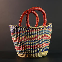 African Bolga Basket Colorful Straw Tote Ghana Tribal Art Market Bag Handwoven Organizer Leather Handle Home Decor Storage Basket G5610