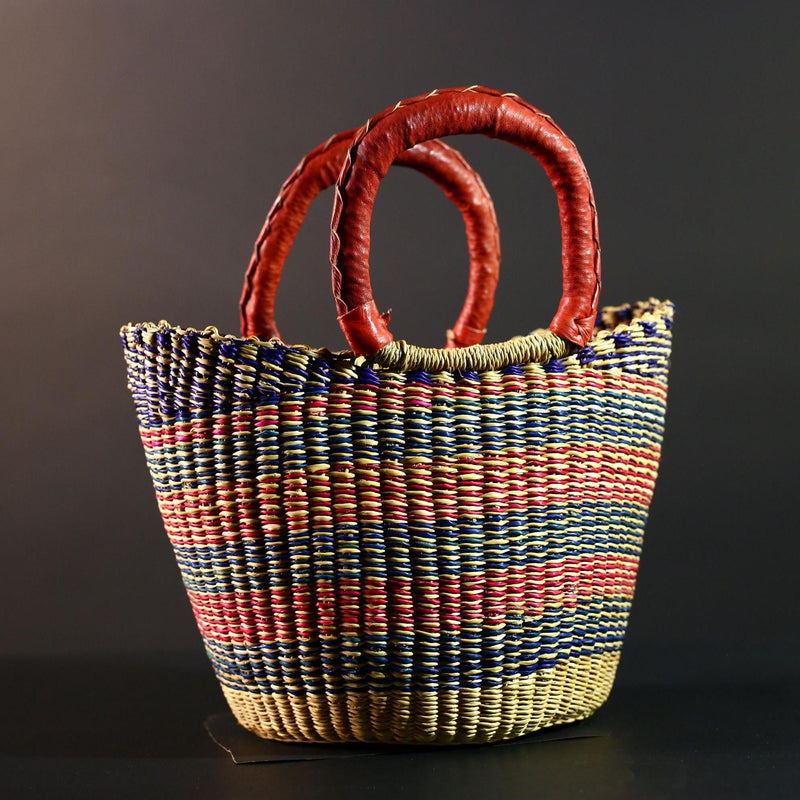 African Bolga Basket Colorful Straw Tote Ghana Tribal Art Market Bag Handwoven Organizer Leather Handle Home Decor Storage Basket G5610