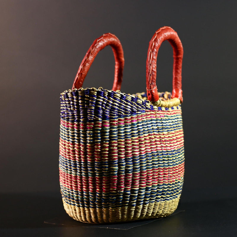 African Bolga Basket Colorful Straw Tote Ghana Tribal Art Market Bag Handwoven Organizer Leather Handle Home Decor Storage Basket G5610