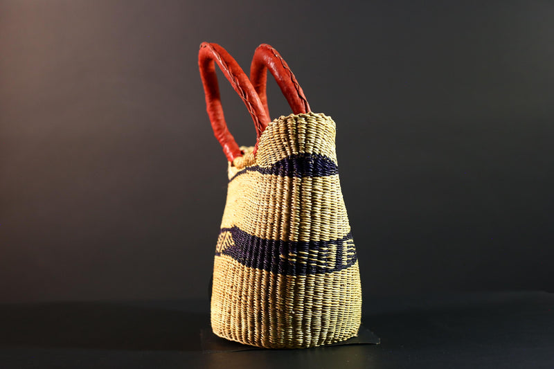 African Bolga Basket Straw Tote Ghana Tribal Art Market Bag Handwoven Storage Organizer Red Leather Handle Decor Woven Carry Basket G5611