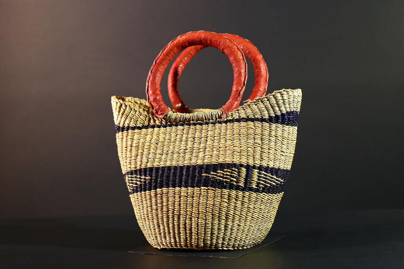 African Bolga Basket Straw Tote Ghana Tribal Art Market Bag Handwoven Storage Organizer Red Leather Handle Decor Woven Carry Basket G5611