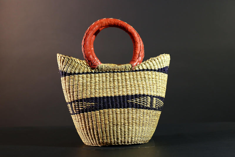 African Bolga Basket Straw Tote Ghana Tribal Art Market Bag Handwoven Storage Organizer Red Leather Handle Decor Woven Carry Basket G5611