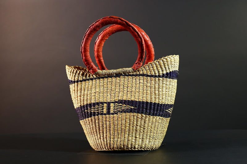African Bolga Basket Straw Tote Ghana Tribal Art Market Bag Handwoven Storage Organizer Red Leather Handle Decor Woven Carry Basket G5611