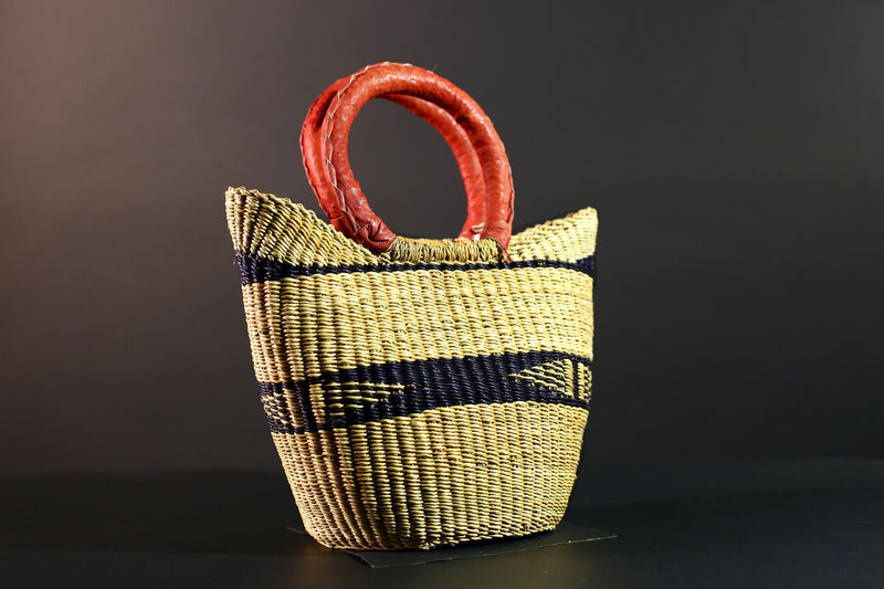 African Bolga Basket Straw Tote Ghana Tribal Art Market Bag Handwoven Storage Organizer Red Leather Handle Decor Woven Carry Basket G5611