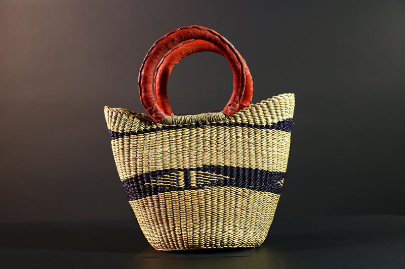 African Bolga Basket Straw Tote Ghana Tribal Art Market Bag Handwoven Storage Organizer Red Leather Handle Decor Woven Carry Basket G5611