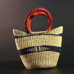 African Bolga Basket Straw Tote Ghana Tribal Art Market Bag Handwoven Storage Organizer Red Leather Handle Decor Woven Carry Basket G5611