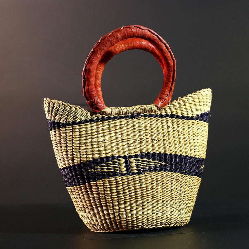 African Bolga Basket Straw Tote Ghana Tribal Art Market Bag Handwoven Storage Organizer Red Leather Handle Decor Woven Carry Basket G5611
