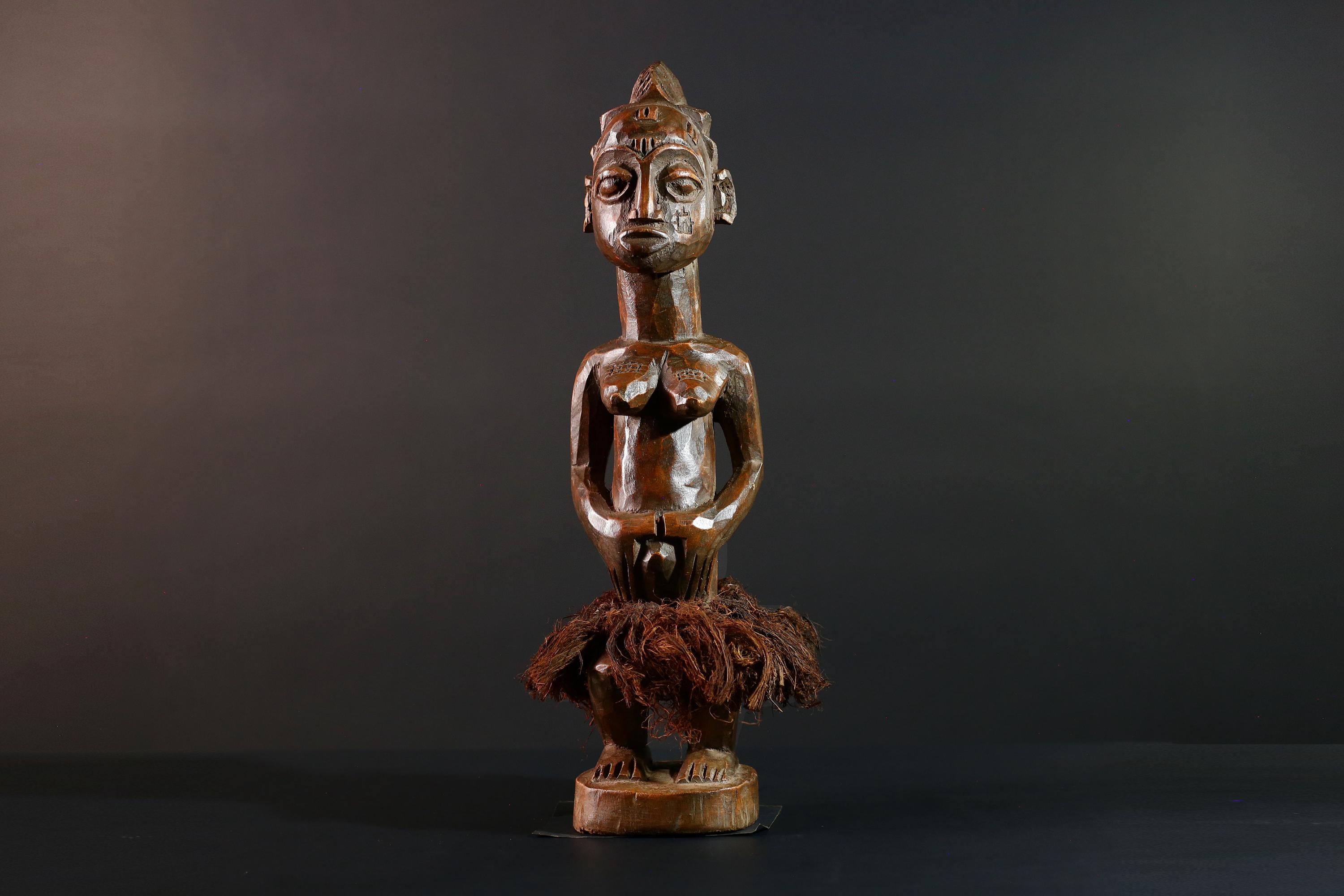 Baule Female Ancestor Figure African Tribal Statue Côte d’Ivoire Wood Sculpture Hand Carved Skirted Decor Spirit Doll Tribal Art-G5613