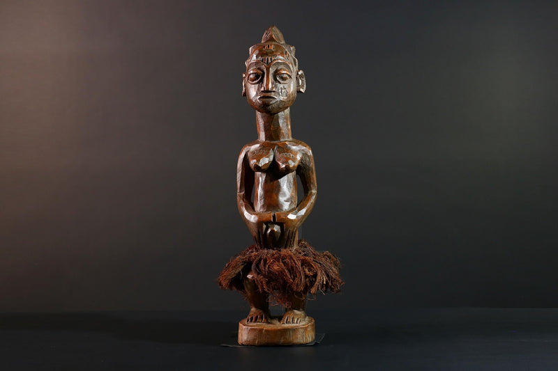 Baule Female Ancestor Figure African Tribal Statue Côte d’Ivoire Wood Sculpture Hand Carved Skirted Decor Spirit Doll Tribal Art-G5613