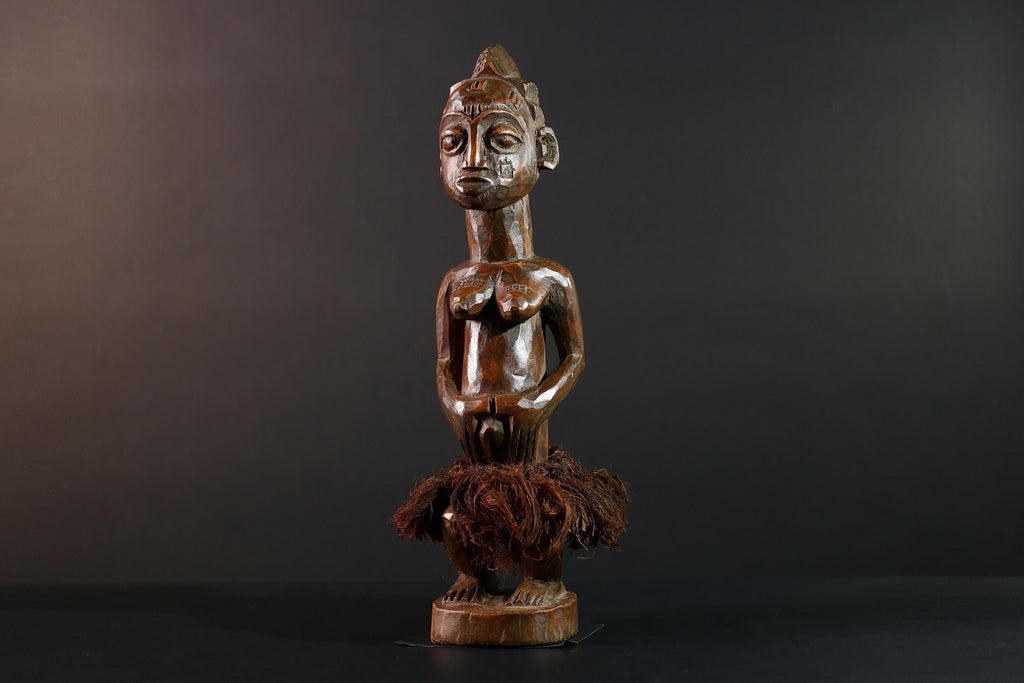 Baule Female Ancestor Figure African Tribal Statue Côte d’Ivoire Wood Sculpture Hand Carved Skirted Decor Spirit Doll Tribal Art-G5613
