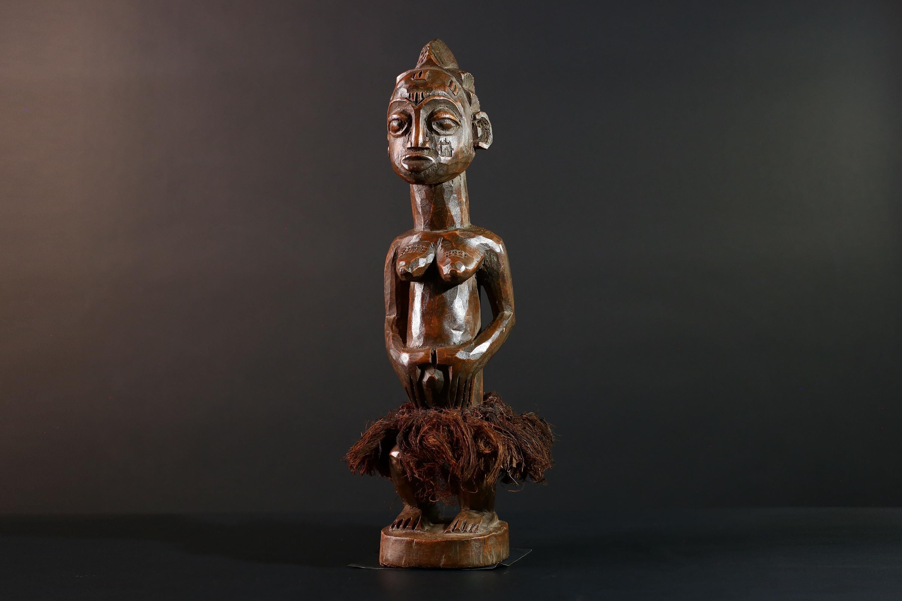 Baule Female Ancestor Figure African Tribal Statue Côte d’Ivoire Wood Sculpture Hand Carved Skirted Decor Spirit Doll Tribal Art-G5613