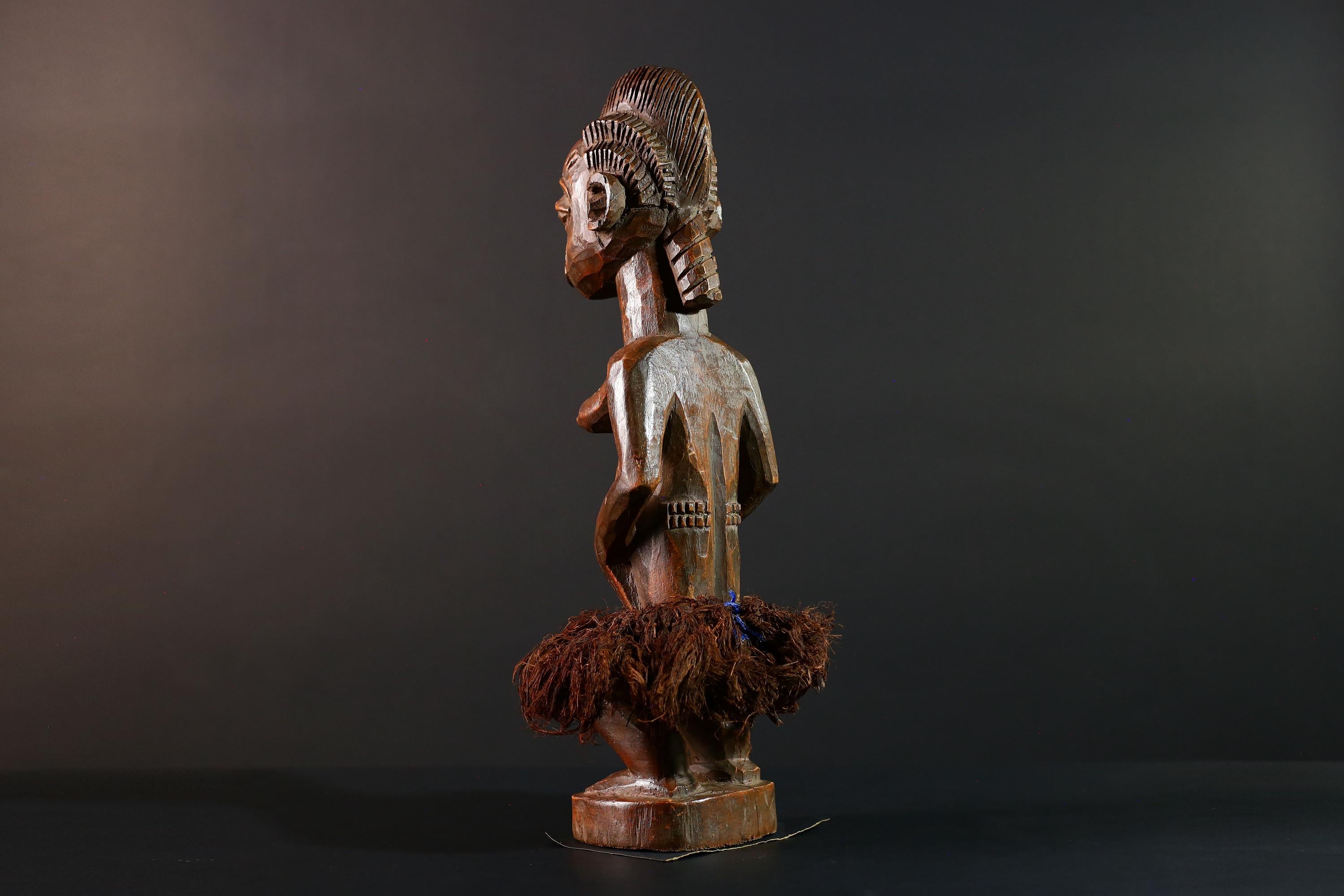 Baule Female Ancestor Figure African Tribal Statue Côte d’Ivoire Wood Sculpture Hand Carved Skirted Decor Spirit Doll Tribal Art-G5613