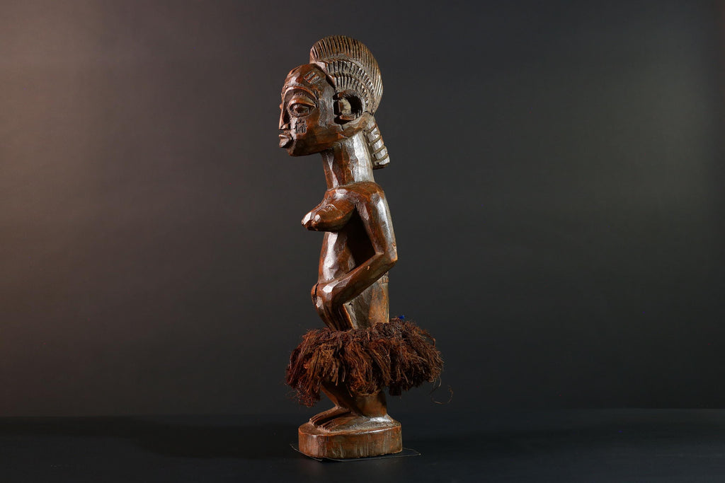 Baule Female Ancestor Figure African Tribal Statue Côte d’Ivoire Wood Sculpture Hand Carved Skirted Decor Spirit Doll Tribal Art-G5613