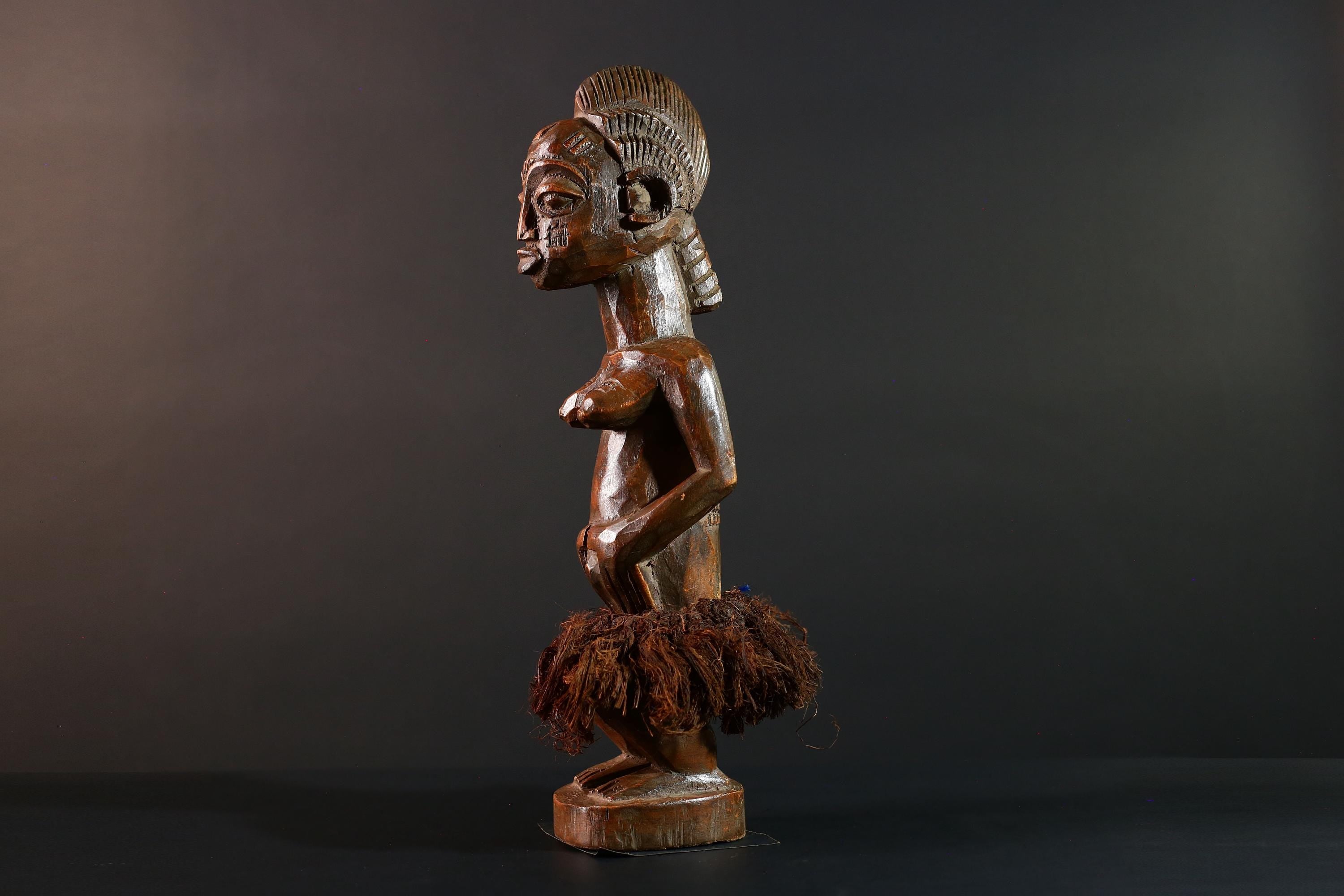 Baule Female Ancestor Figure African Tribal Statue Côte d’Ivoire Wood Sculpture Hand Carved Skirted Decor Spirit Doll Tribal Art-G5613