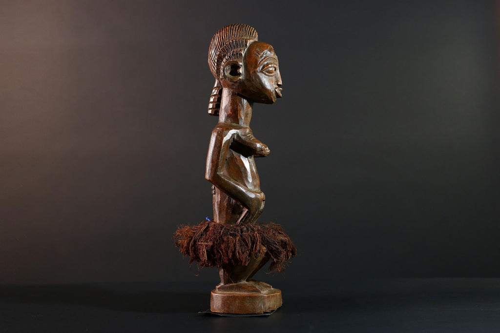 Baule Female Ancestor Figure African Tribal Statue Côte d’Ivoire Wood Sculpture Hand Carved Skirted Decor Spirit Doll Tribal Art-G5613