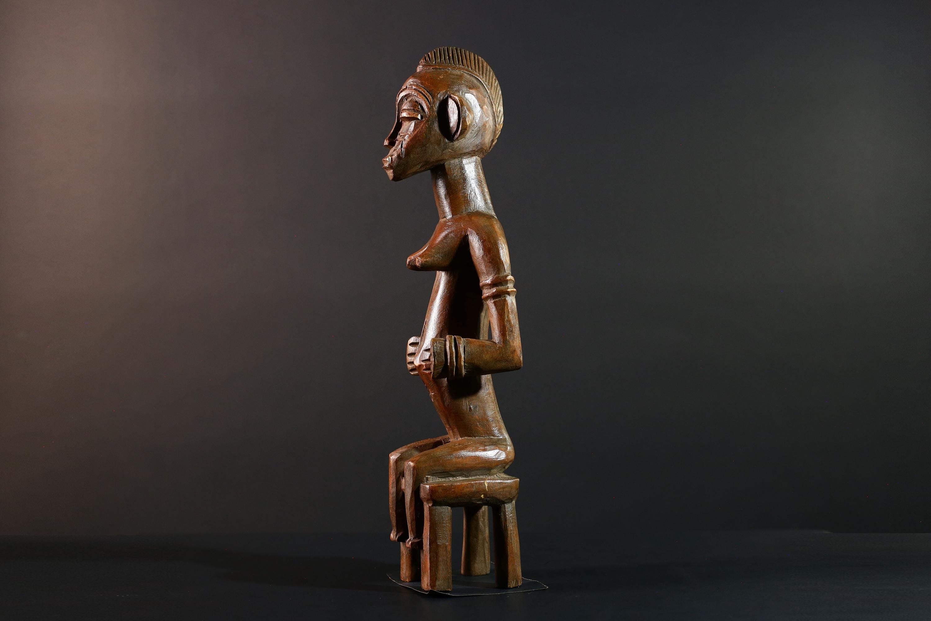 African Baule Seated Figure Ancestor Art Tribal Carved Wood Sculpture Côte d’Ivoire Ethnic Decor Spiritual Statue Cultural Icon-G5613
