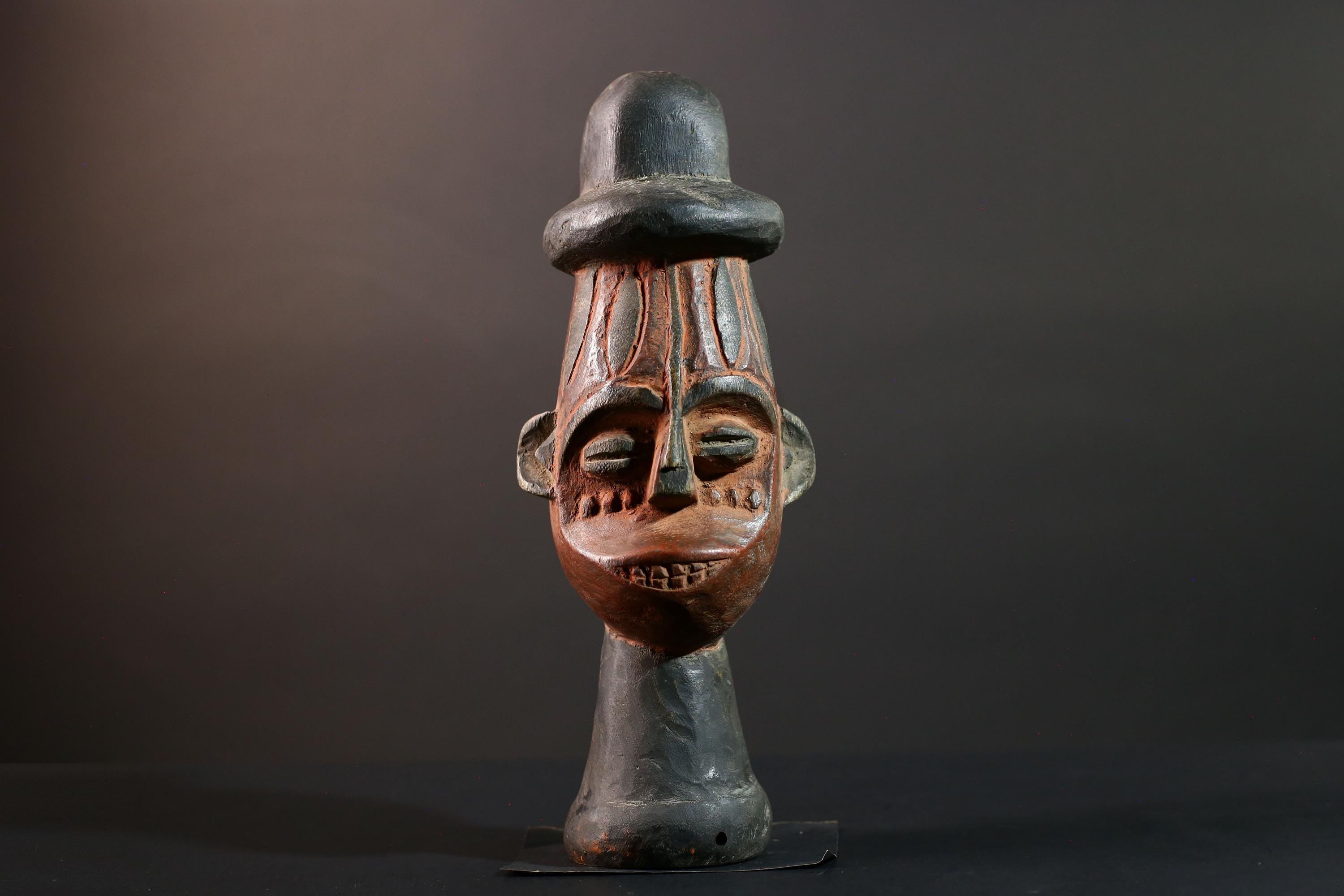 African Songye Head Figure Tribal Wood Sculpture Congo Art Spirit Carving Ceremonial Bust Ethnic Home Decor Wall Accent-G5615