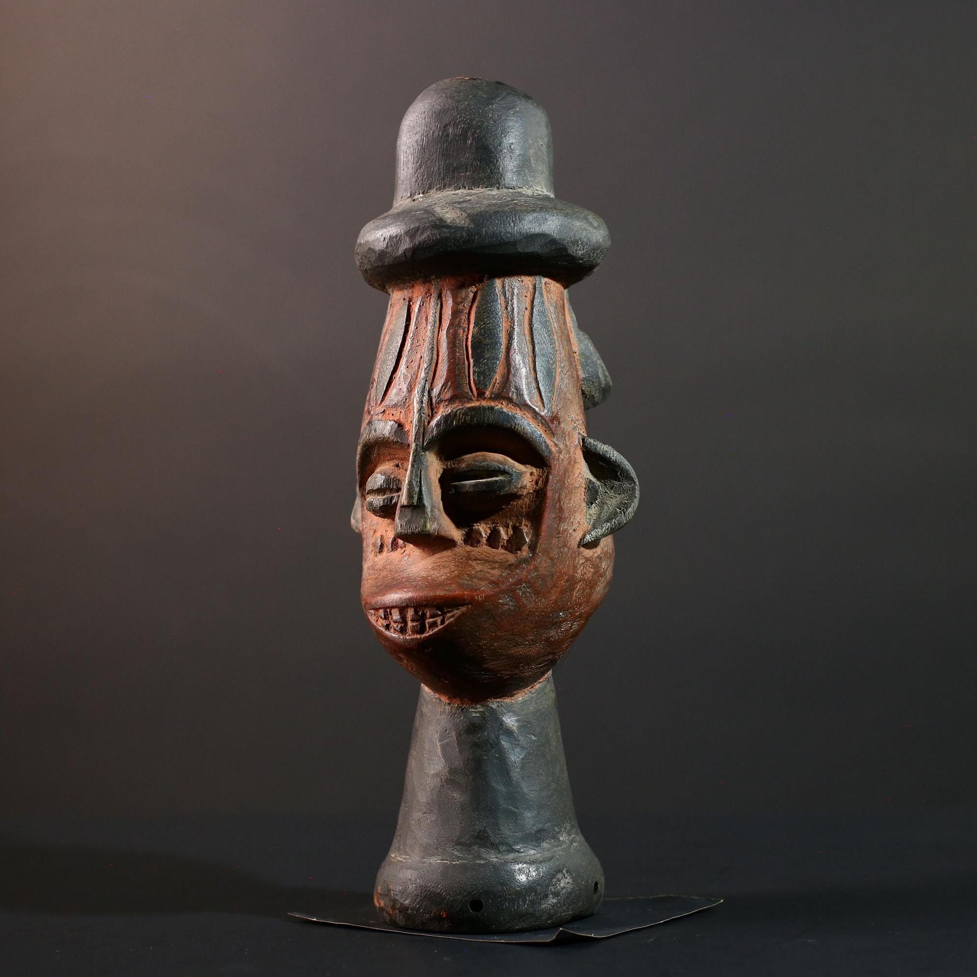 African Songye Head Figure Tribal Wood Sculpture Congo Art Spirit Carving Ceremonial Bust Ethnic Home Decor Wall Accent-G5615